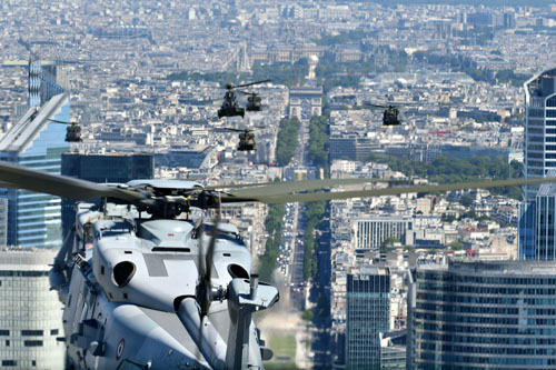 La Défense vue depuis le Panther. Dans l’alignement apparaissent l’Arc de Triomphe puis, au-delà, la vasque olympique installée dans le jardin des Tuileries