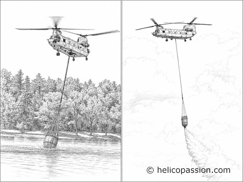 Remplissage par immersion d’un Bambi Bucket suspendu sous le Chinook (à gauche) et largage de son contenu (à droite)