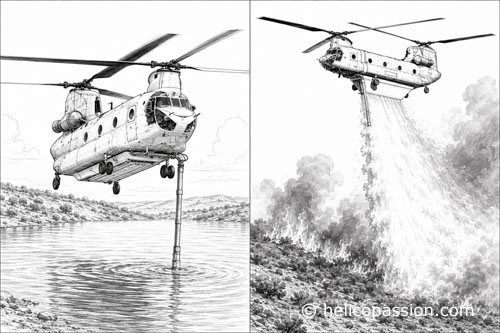 Le Helitak FT-11K en remplissage, avec son réservoir ventral déployé (à gauche), puis lors d’un largage (à droite)