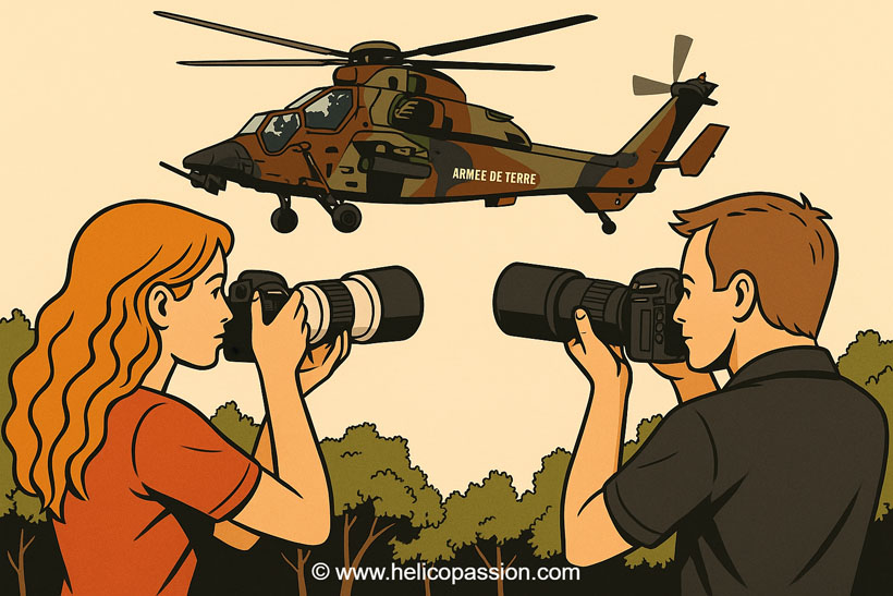 Signe distinctif du photographe d'hélicoptère, un boitier réflex ou hybride avec un énorme zoom blanc ou noir selon la marque