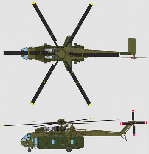 Plan 2 vues de l'hélicoptère CH-54 Skycrane, avec l'Universal Military Pod