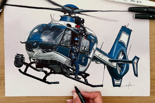 Hélicoptère EC135 Gendarmerie - Illustration Noémie MARMORAT - Gazoline Maab