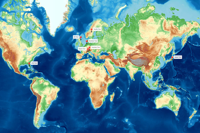 Carte des Tours Helicopassion : États-Unis, Japon et Europe