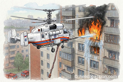 Hélicoptère KA32 utilisant son canon à eau sur un incendie en zone urbaine