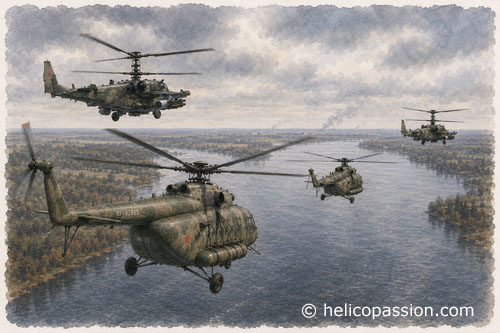 Un groupe d'assaut composé de plusieurs MI17, escortés par des KA52 Alligator, remonte le Dniepr en direction de l'aéroport d'Hostomel
