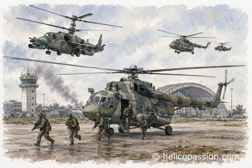 Sous la protection d'un KA52 Alligator, un MI17 dépose des troupes sur le tarmac de l'aéroport d'Hostomel