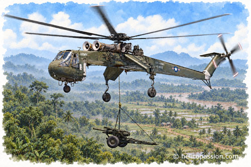Transport d'une pièce d'artillerie avec un CH-54 Skycrane